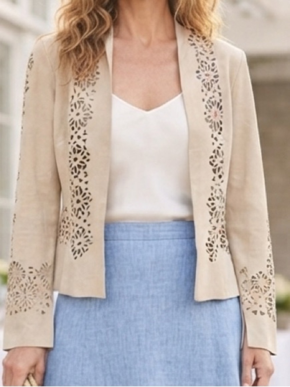 CABI Cream Leather Laser Cut Floral Open Jacket L Minimalist Light Academia